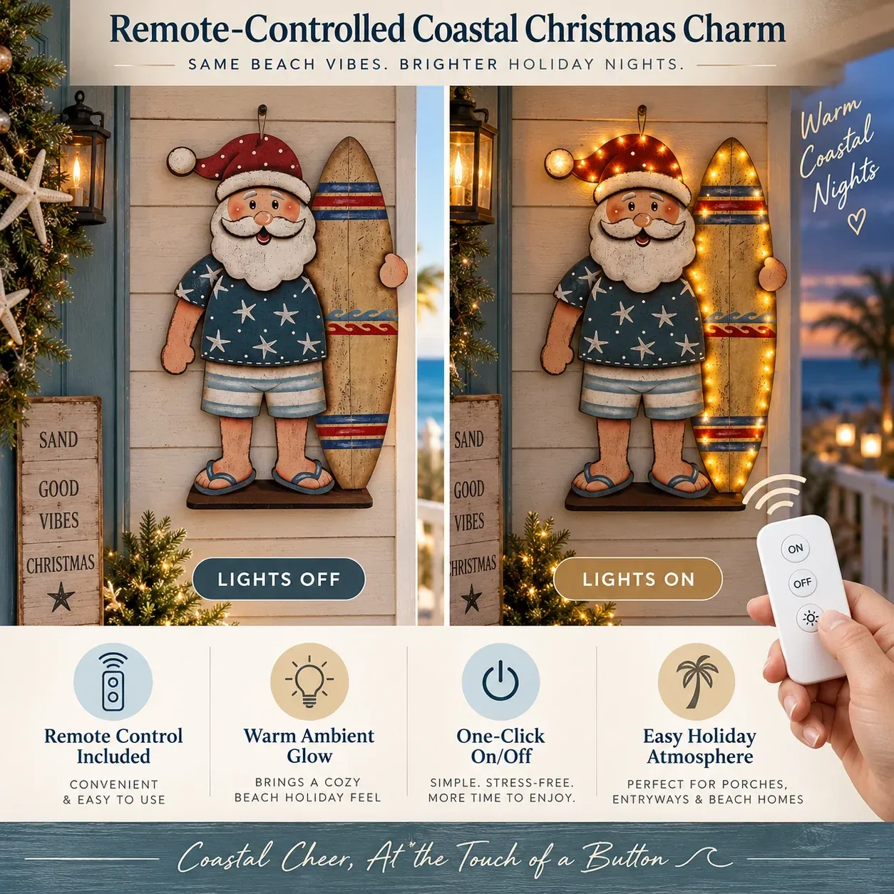 Remote control lighting feature for Seaside Santa wall decor