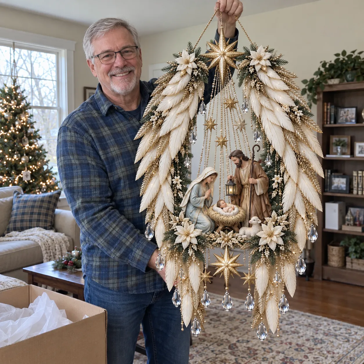 AI-generated daylight scene of a man holding the unlit ivory and gold Nativity display after unpacking