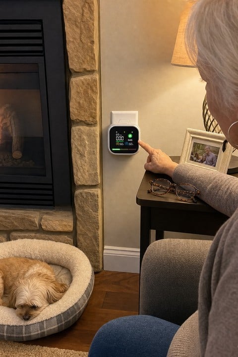 Monitor being checked beside a living room fireplace