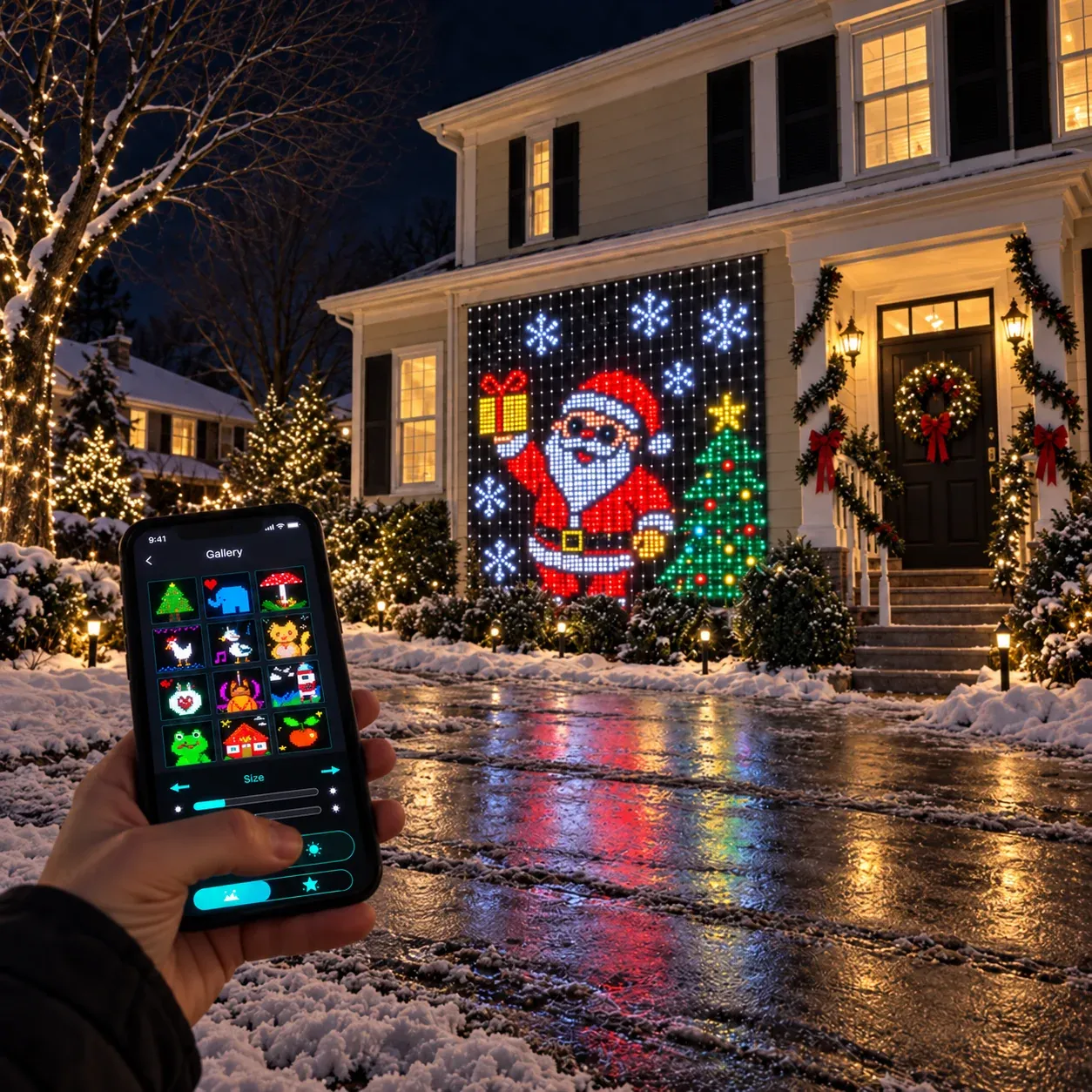Phone app shown selecting a scene for the LED curtain lights