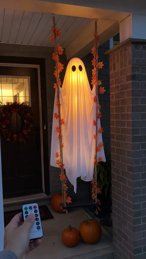 Glowing ghost swing on a family porch at dusk