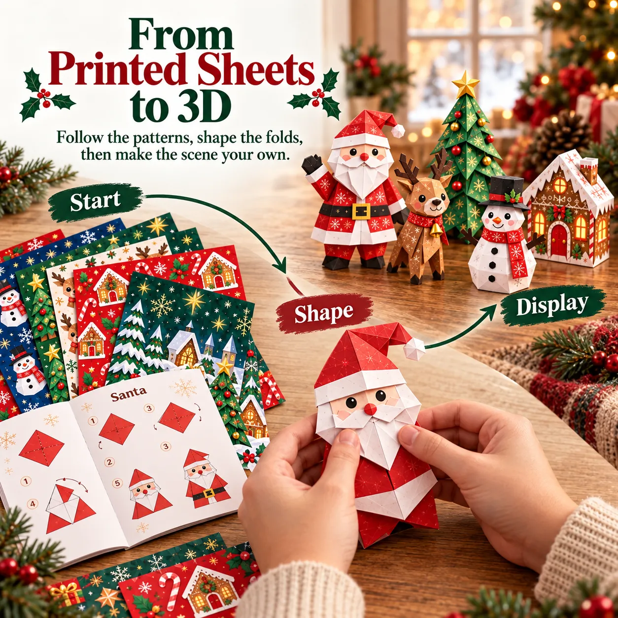 Hands shaping a printed Christmas paper sheet into a standing Santa