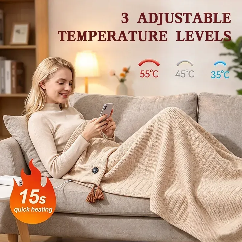 Apricot heated shawl with a product graphic showing three adjustable temperature levels