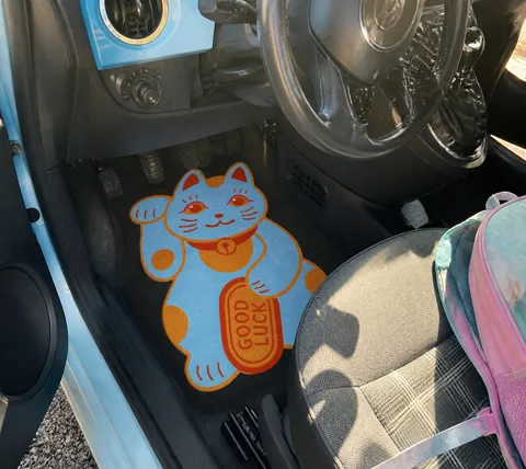 Casual customer-style photo of the Lucky Cat mat in a car
