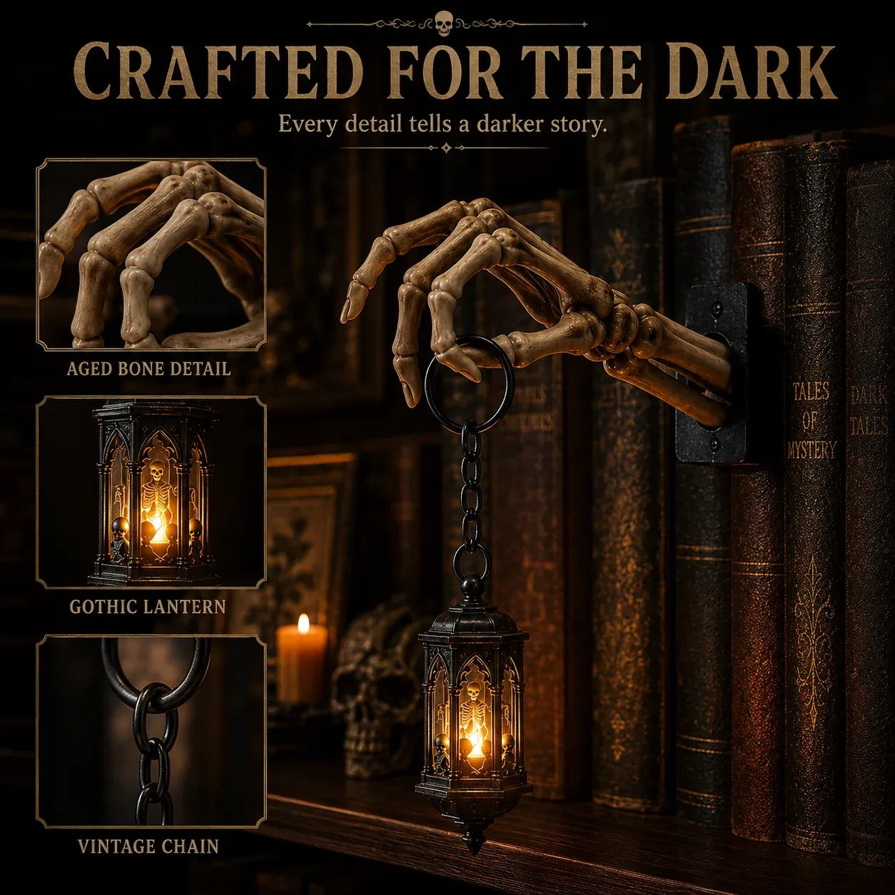 Skeleton hand lantern with aged bone gothic lantern and vintage chain details