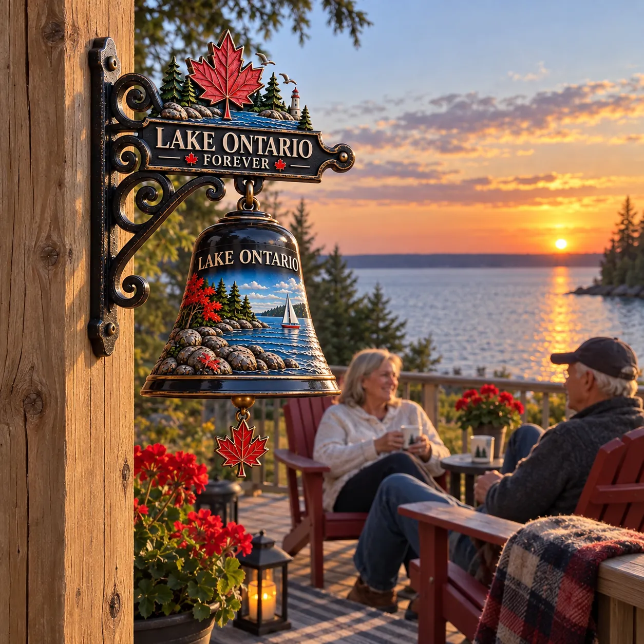Couple enjoying their Lake Ontario hanging bell on a sunset cottage porch