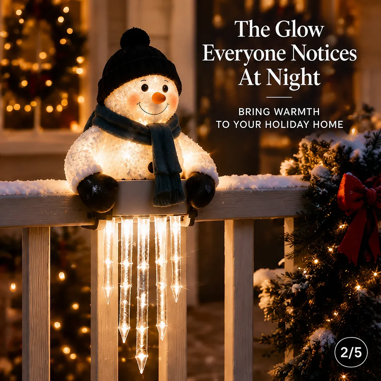 Glowing snowman and icicle Christmas light at night