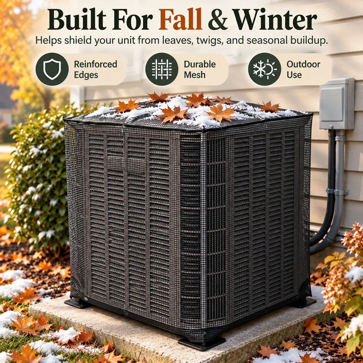 Breathable AC cover protecting outdoor condenser during fall and winter