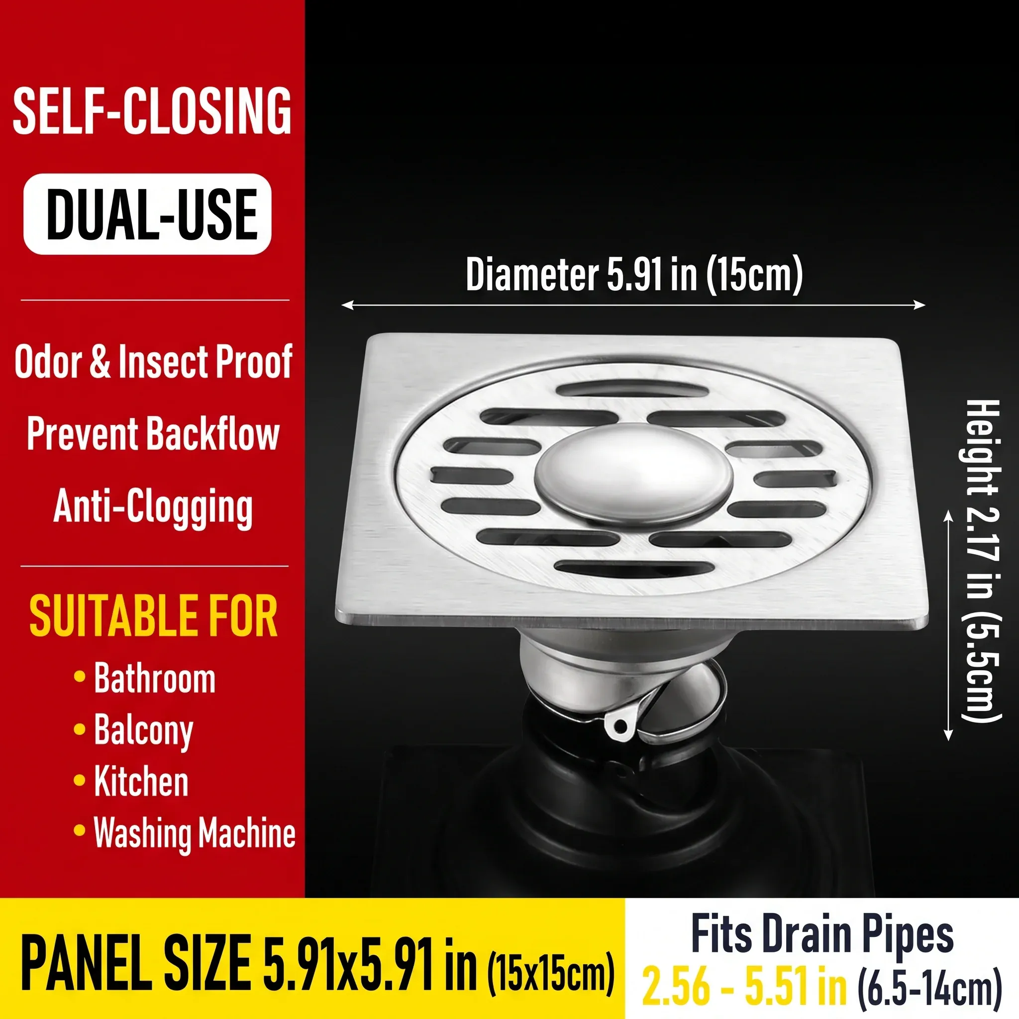 Source size diagram for the 5.91″ × 5.91″ floor drain, including body height and compatible drain-opening range