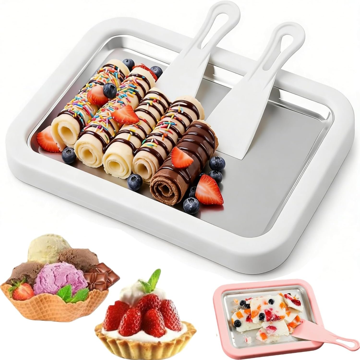 Rolled ice cream made on the stainless steel freezing plate