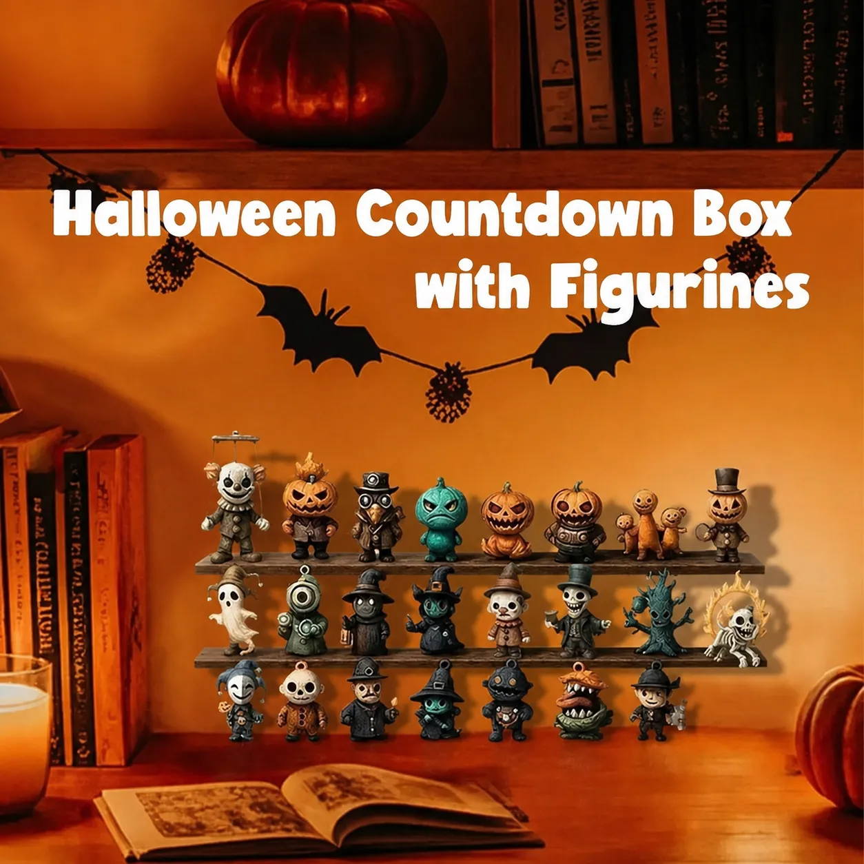 Spooky figurines arranged on a Halloween desk