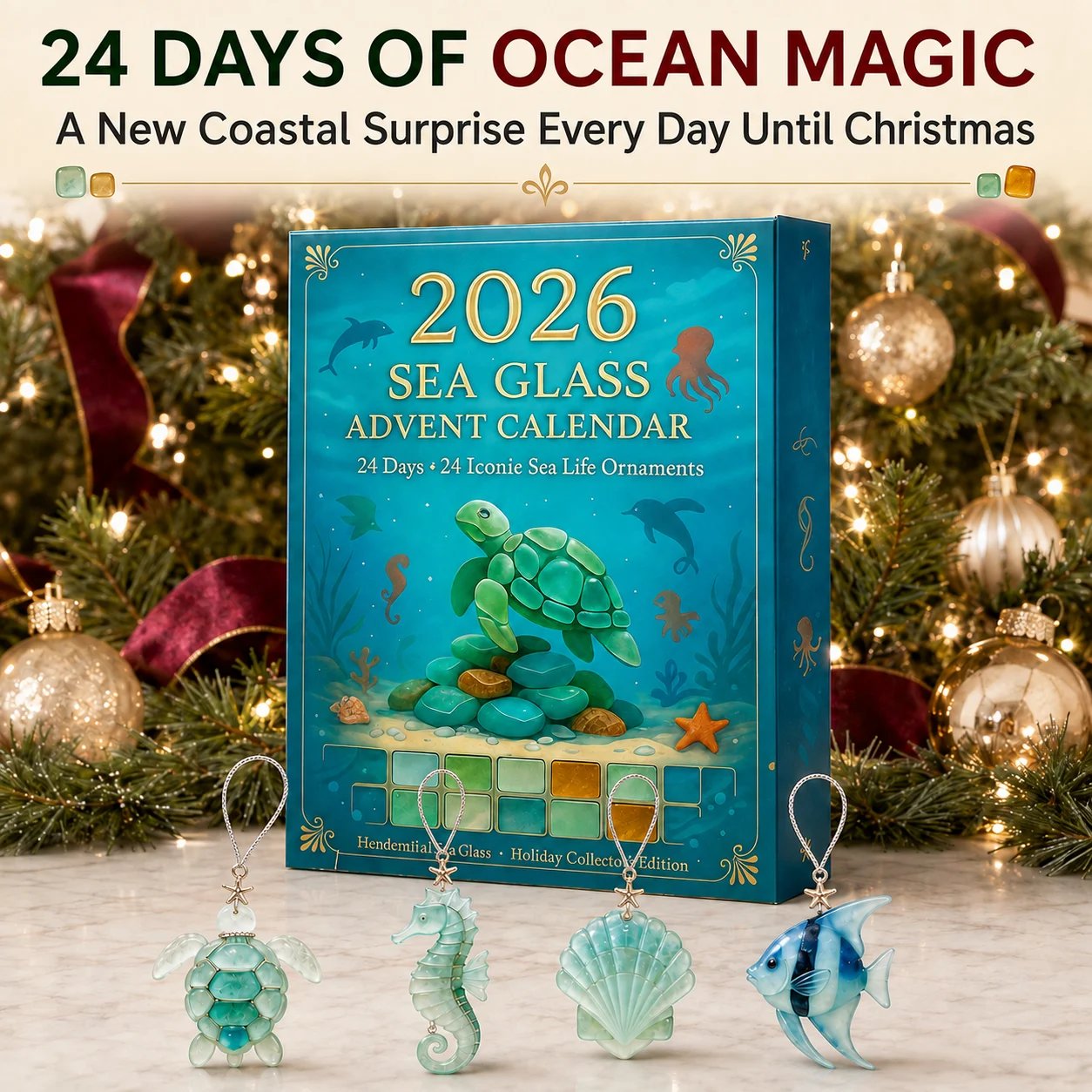 A growing collection of coastal sea-creature Christmas ornaments