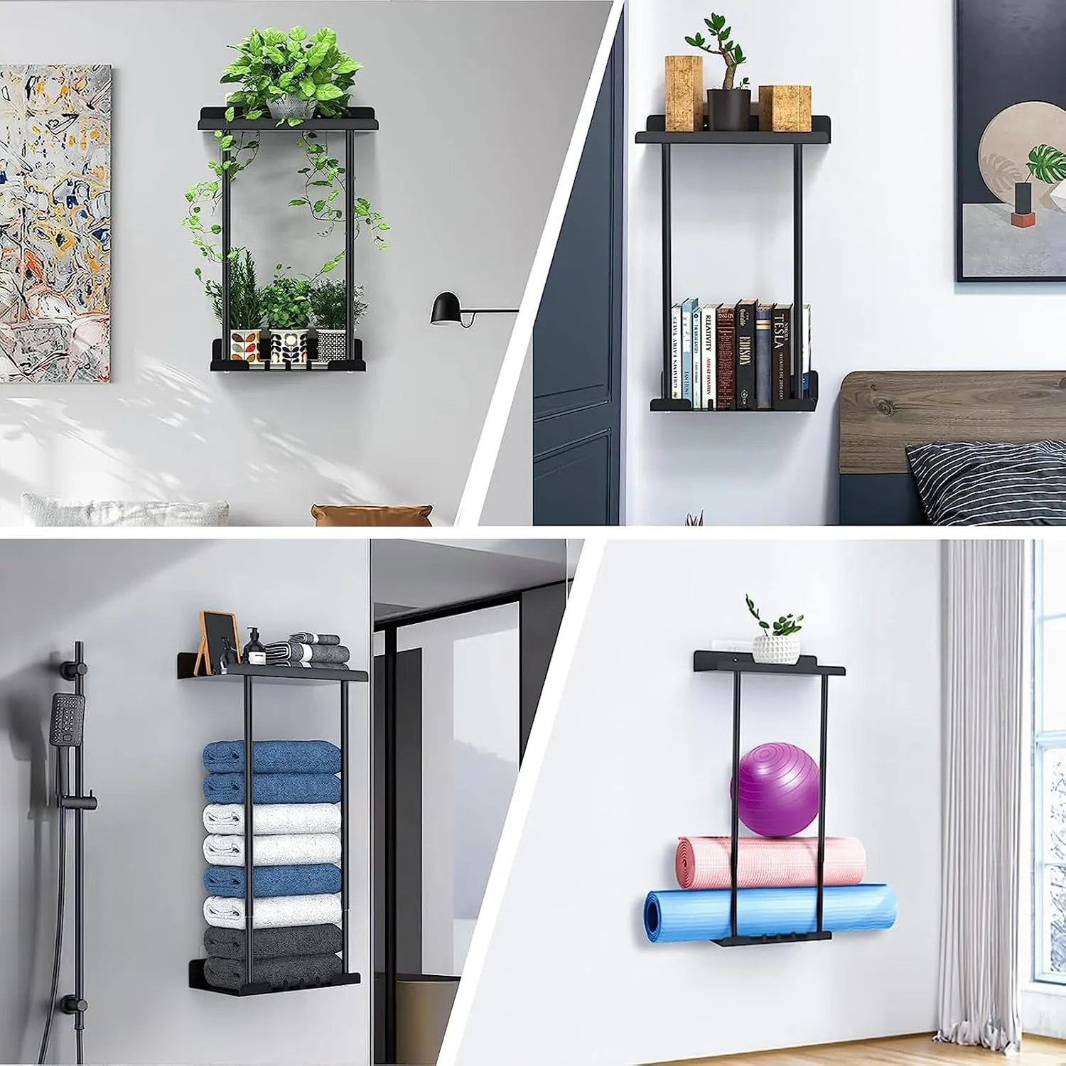 Wall rack used for towels, books, plants, and rolled mats