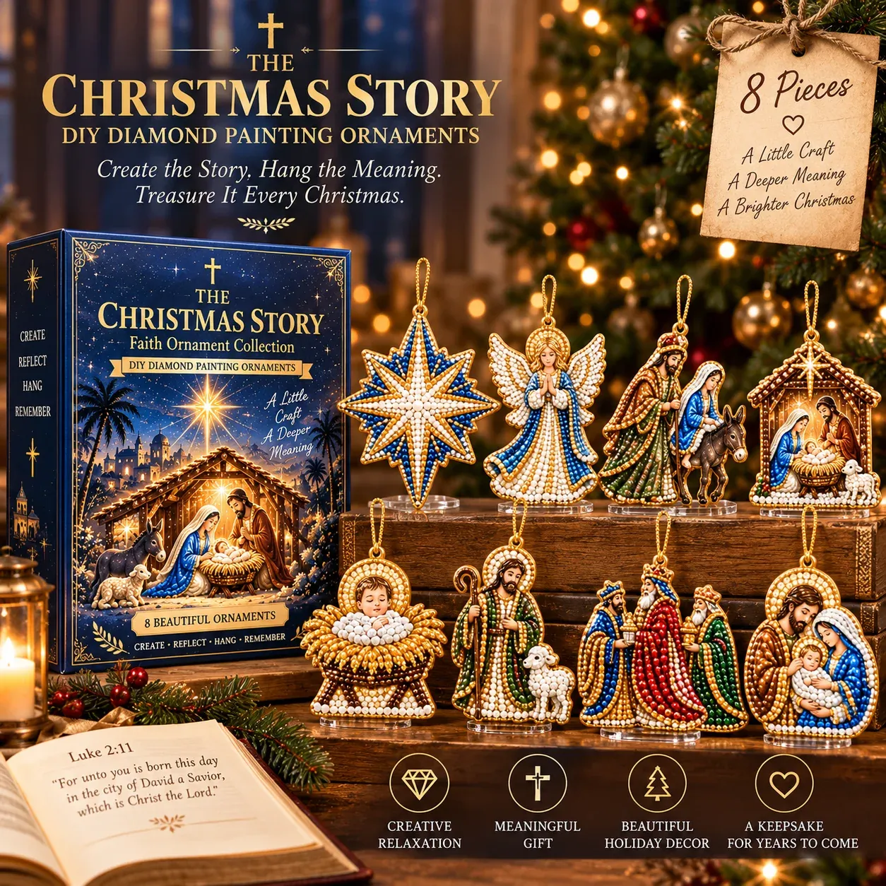 Finished examples of the eight Nativity diamond art ornaments with the kit box