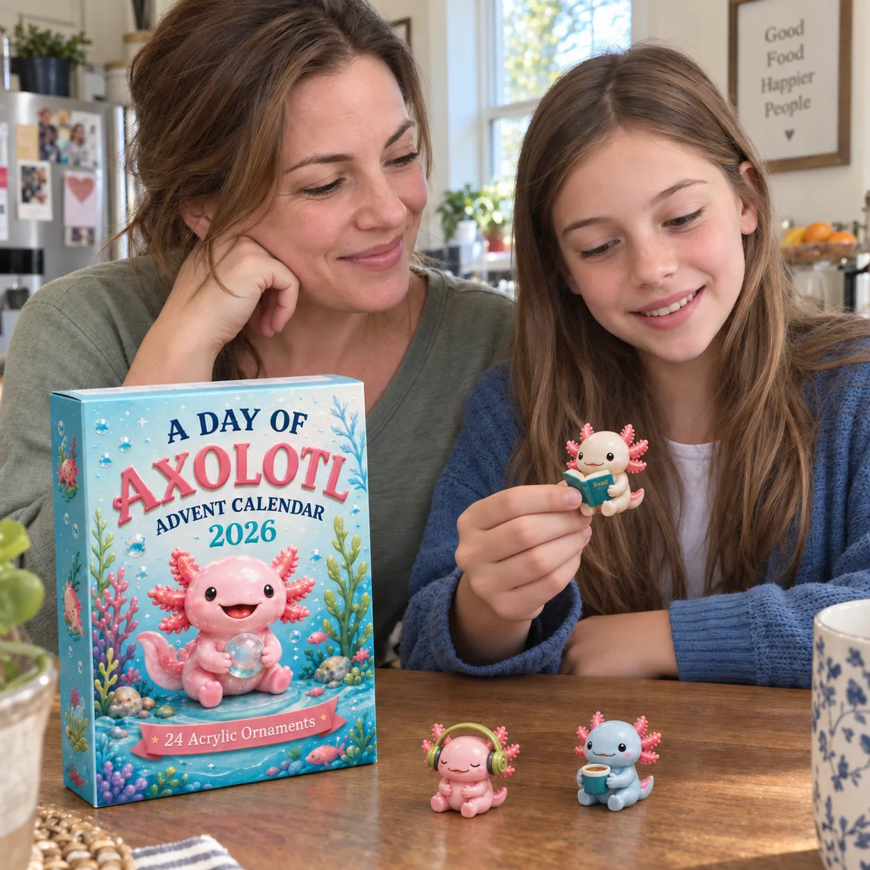 AI-generated scene of a mother and daughter looking at the book-reading, headphone and coffee-cup axolotl designs