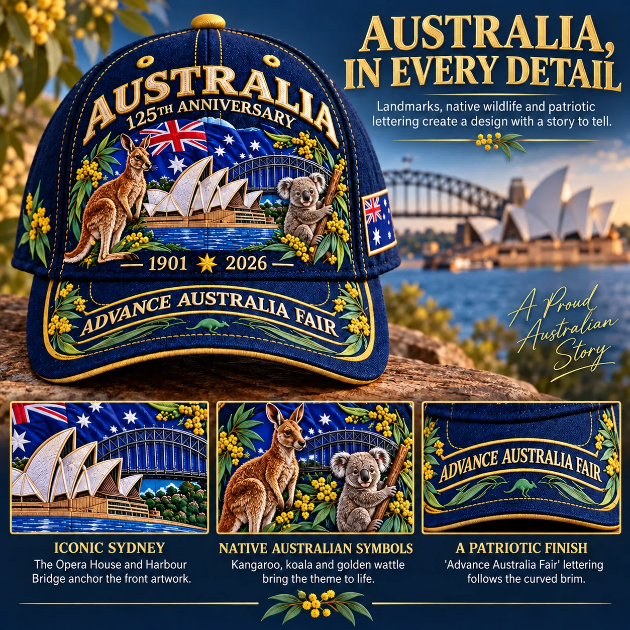 Cap artwork showing the Sydney Opera House, Harbour Bridge, kangaroo, koala, golden wattle and patriotic brim lettering