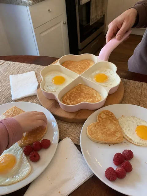 Family breakfast with heart-shaped eggs and pancakes