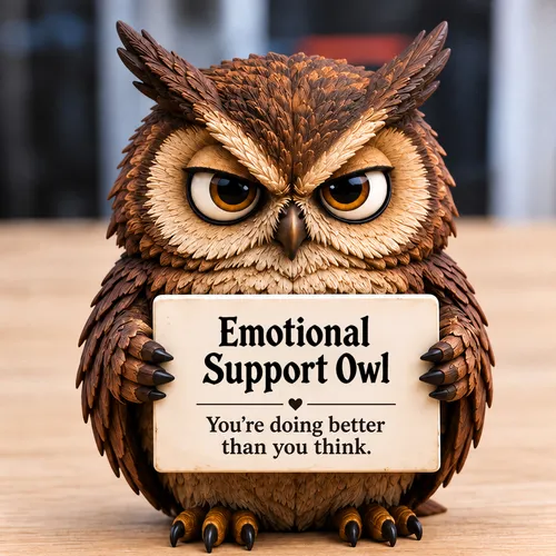 Brown Owl style holding its reassuring sign