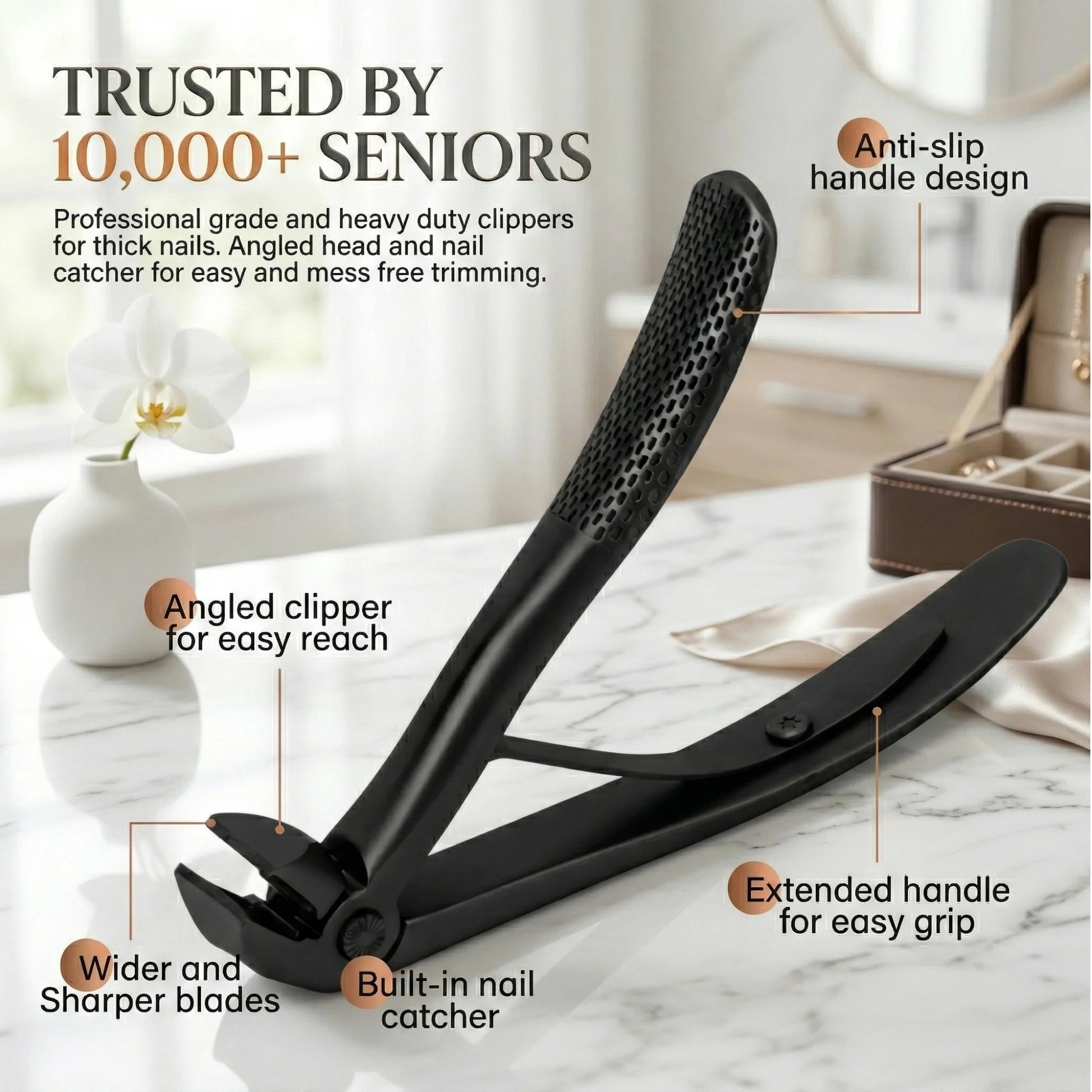 TruviClip Nail Clipper for Seniors, Wide Jaw Long Handle Clipper for Thick Nails
