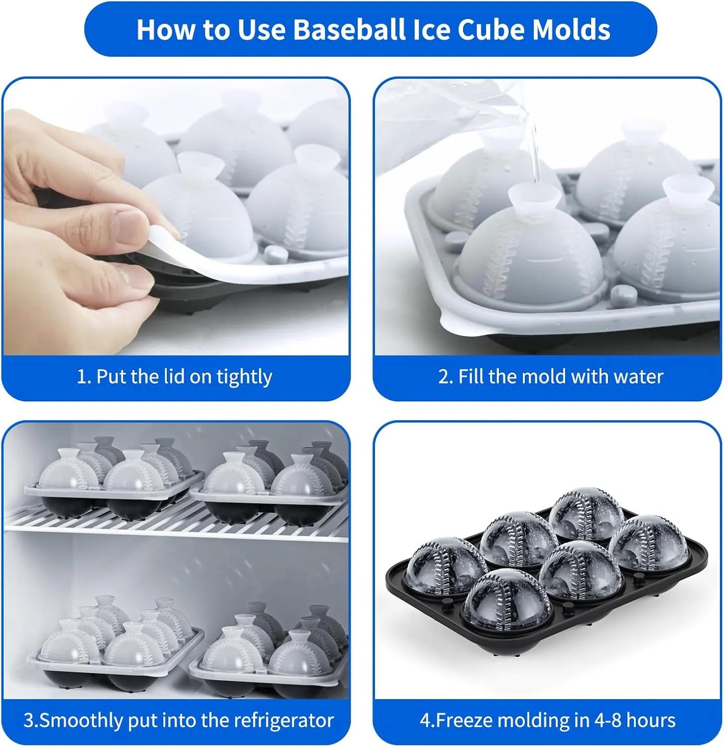 Four steps for filling freezing and releasing baseball ice spheres