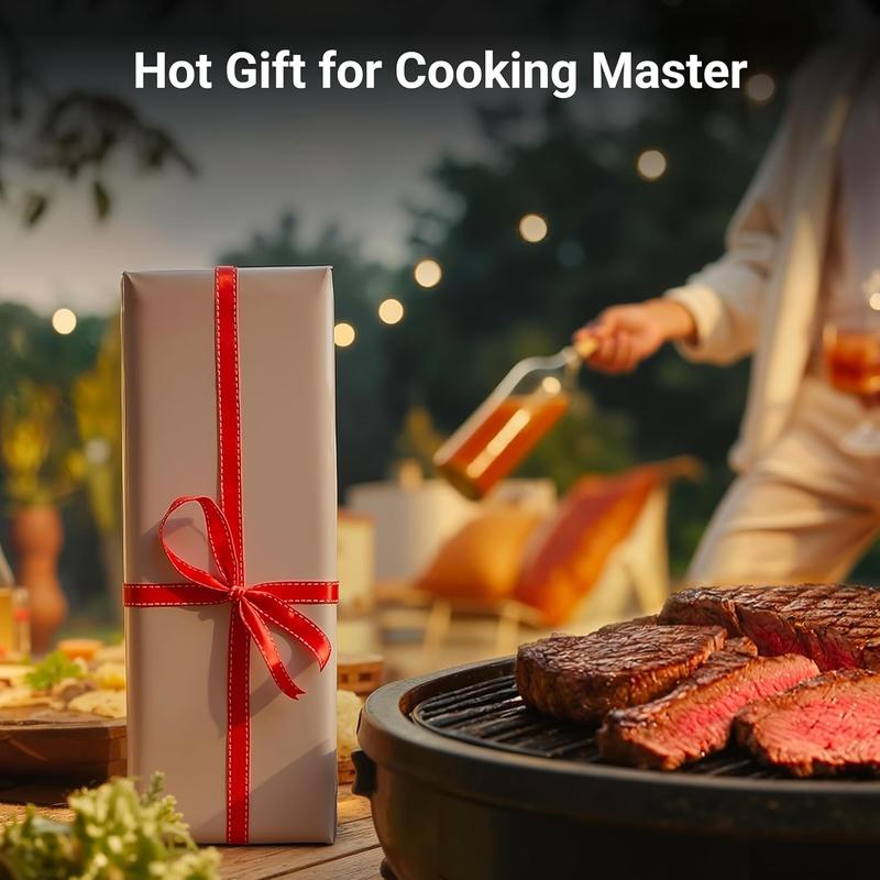 A wrapped gift on a table with grilled steaks