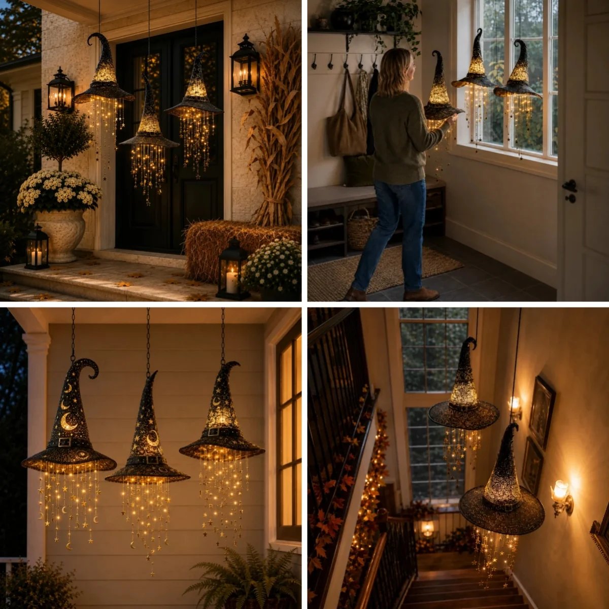 Lighted witch hat hanging chime on porch window entryway Halloween display