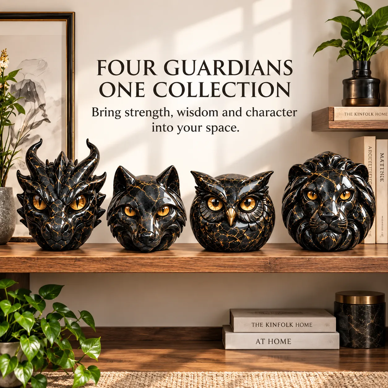 Four black and gold guardian sculptures