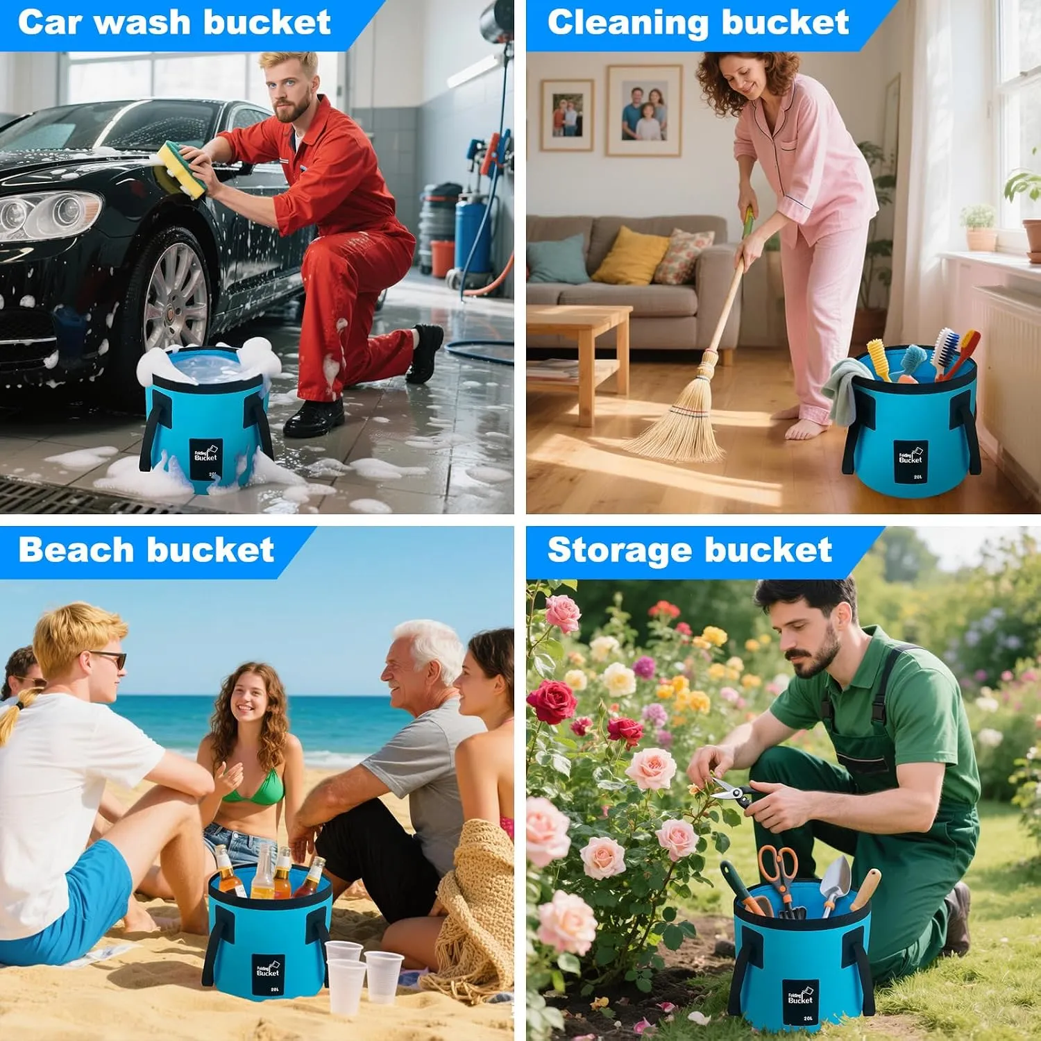 Collapsible bucket used for car washing, cleaning, beach outings, and gardening