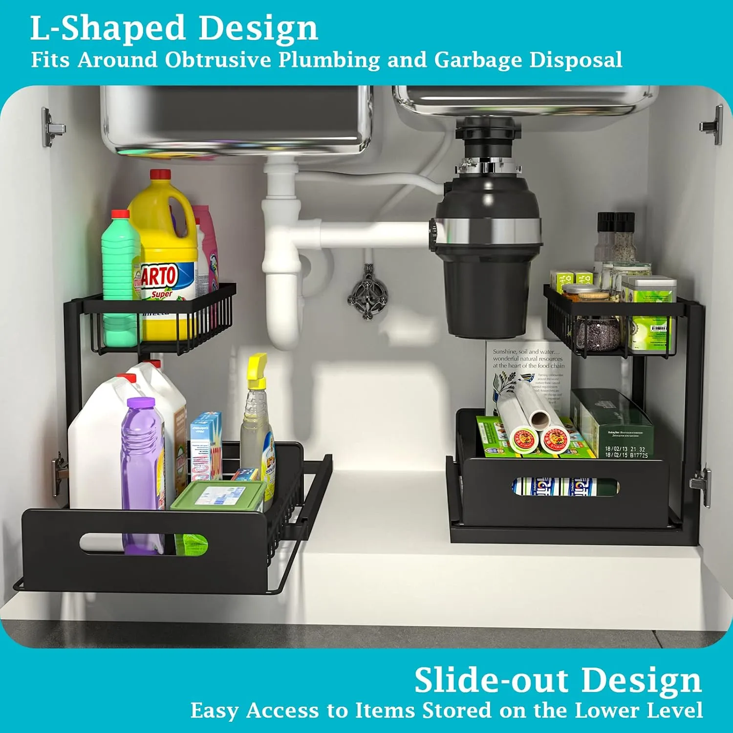 L-shaped organizer fitting beside under-sink plumbing
