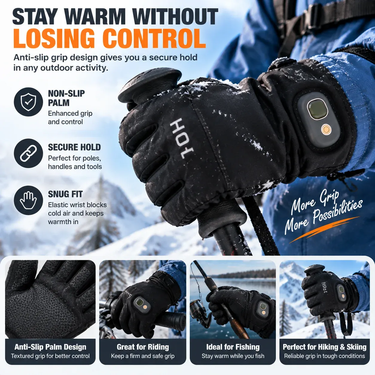 Anti slip heated gloves for outdoor sports and winter activities