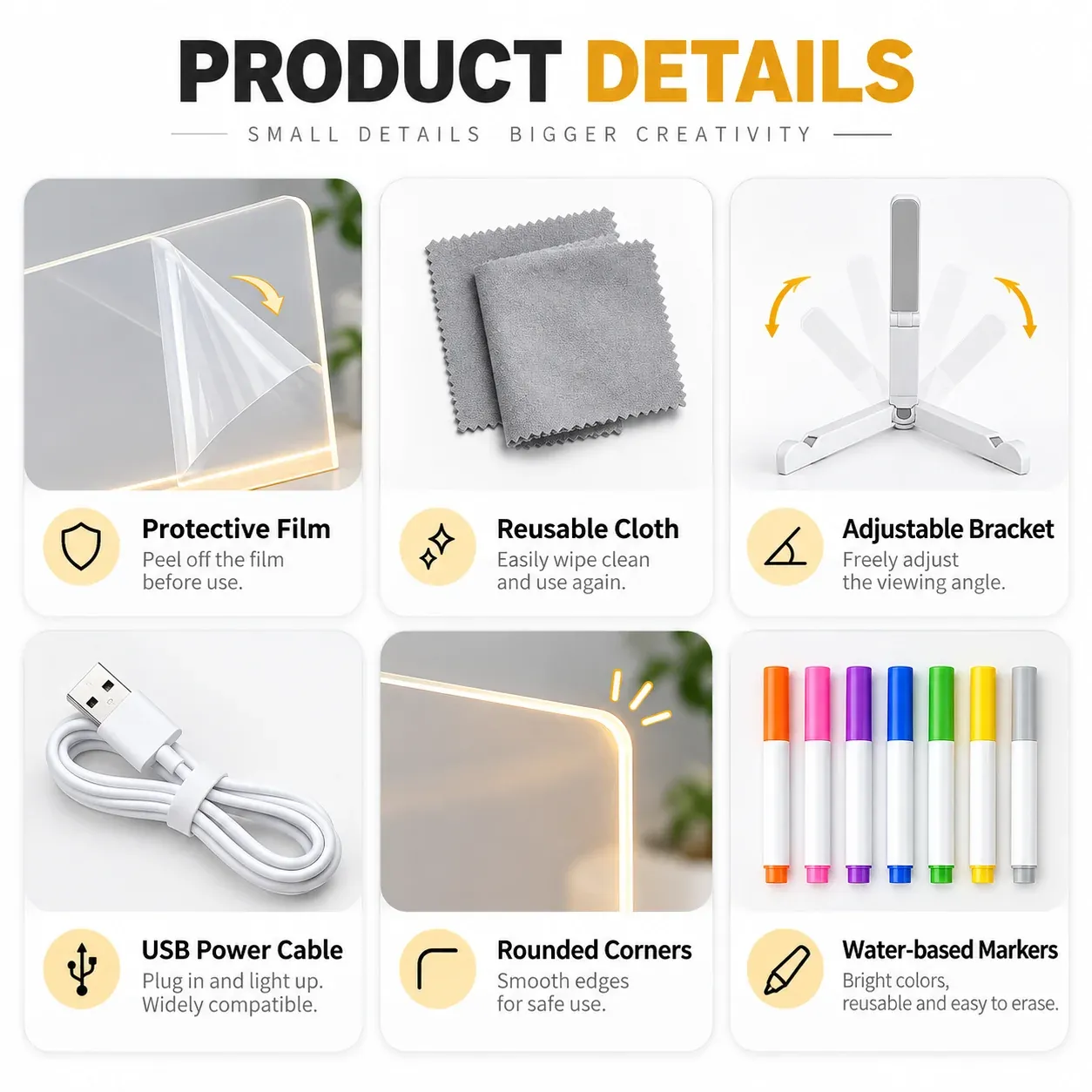 LED acrylic message board product details and included accessories