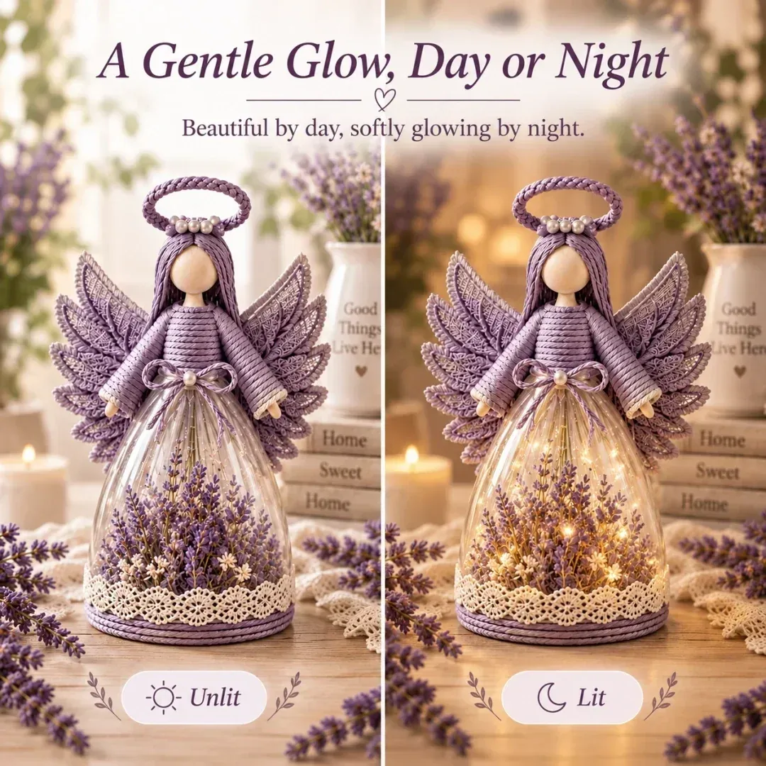 Floral angel figurine unlit and glowing at night