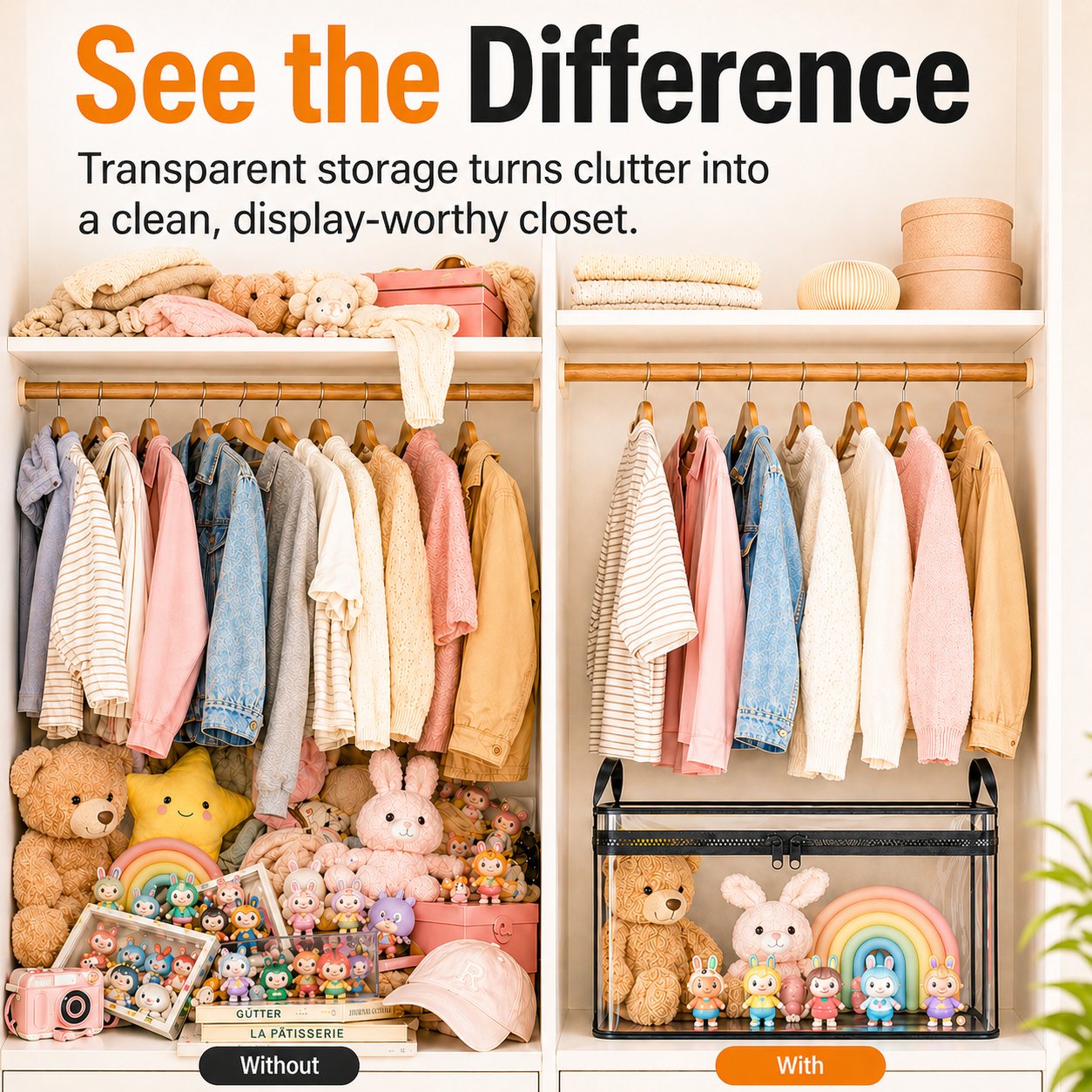 Before and after organizing closet with clear bins
