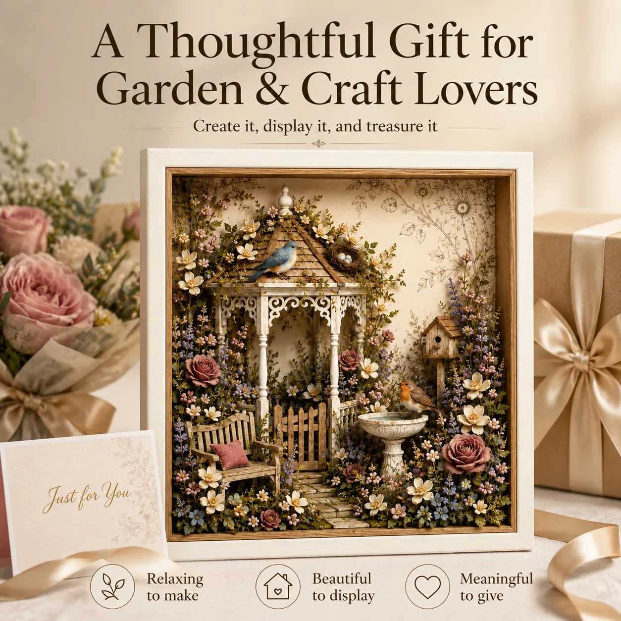 Finished English cottage garden shadow box displayed at home