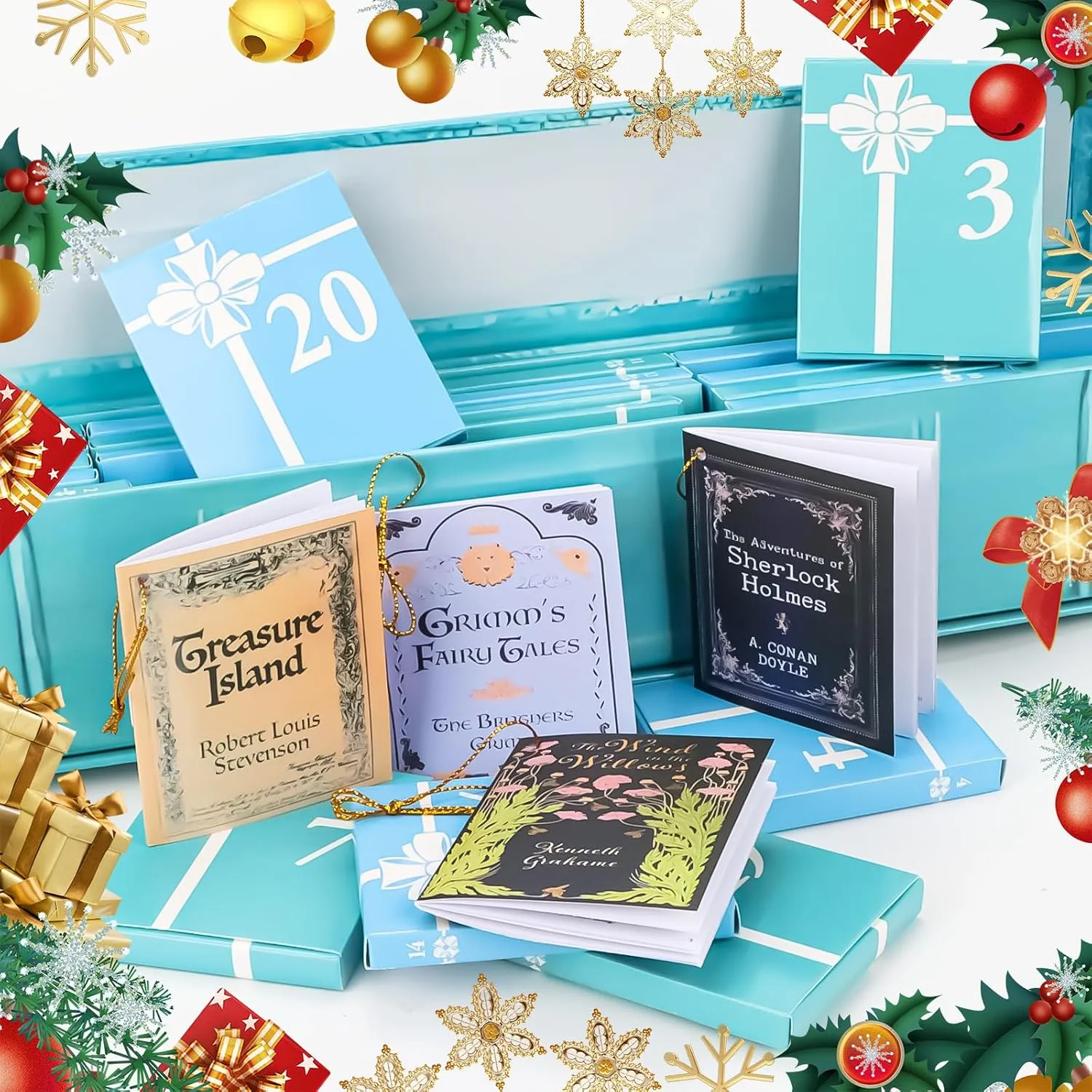 Blue mini book ornament advent calendar set