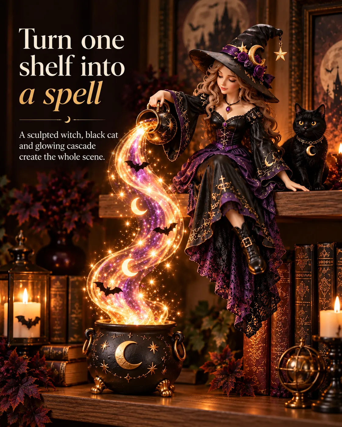 Witch cascade light in a gothic room with the heading Turn one shelf into a spell
