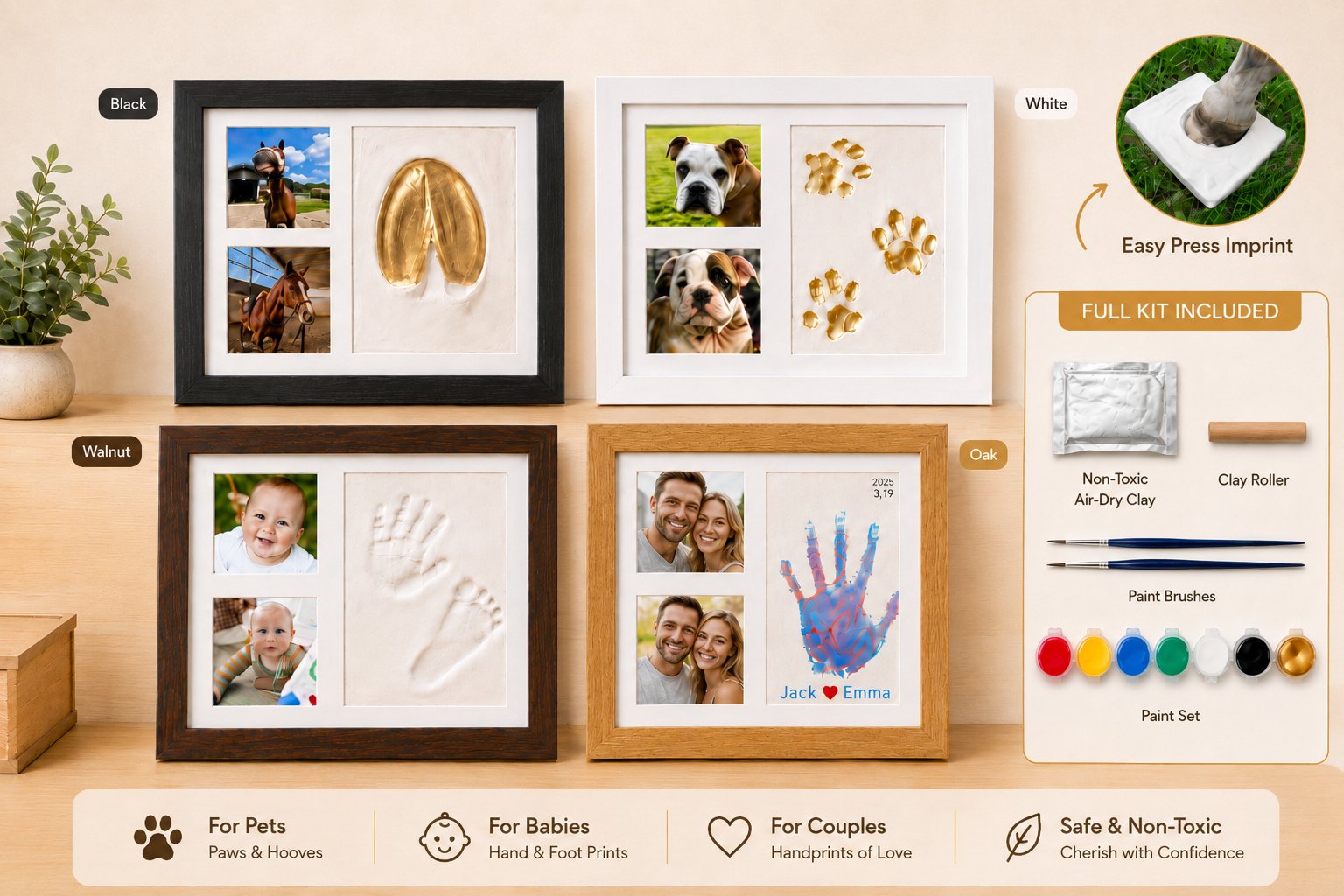 Keepsake clay kit for horse hoofprints, pet paw prints, baby hand and footprints, and family handprints with multiple frame colors