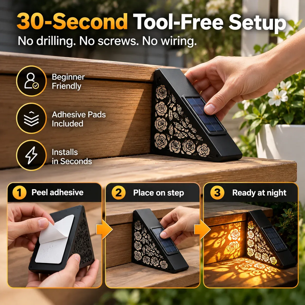 Simple wire-free solar step light installation