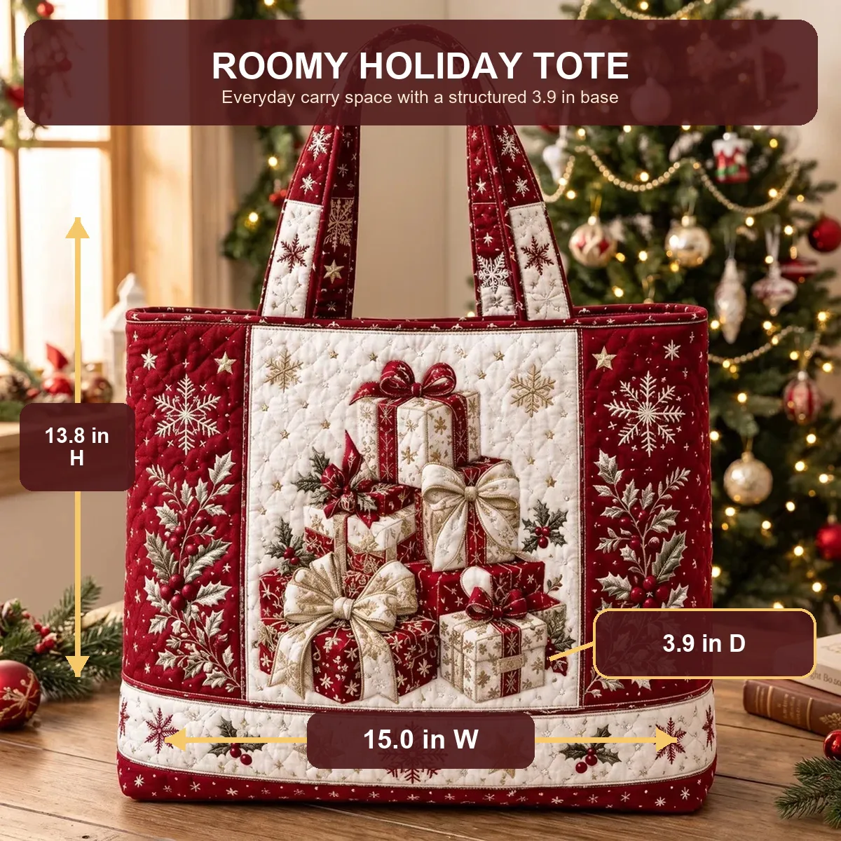 Christmas tote dimensions: 15.0 inches wide, 13.8 inches high, and 3.9 inches deep