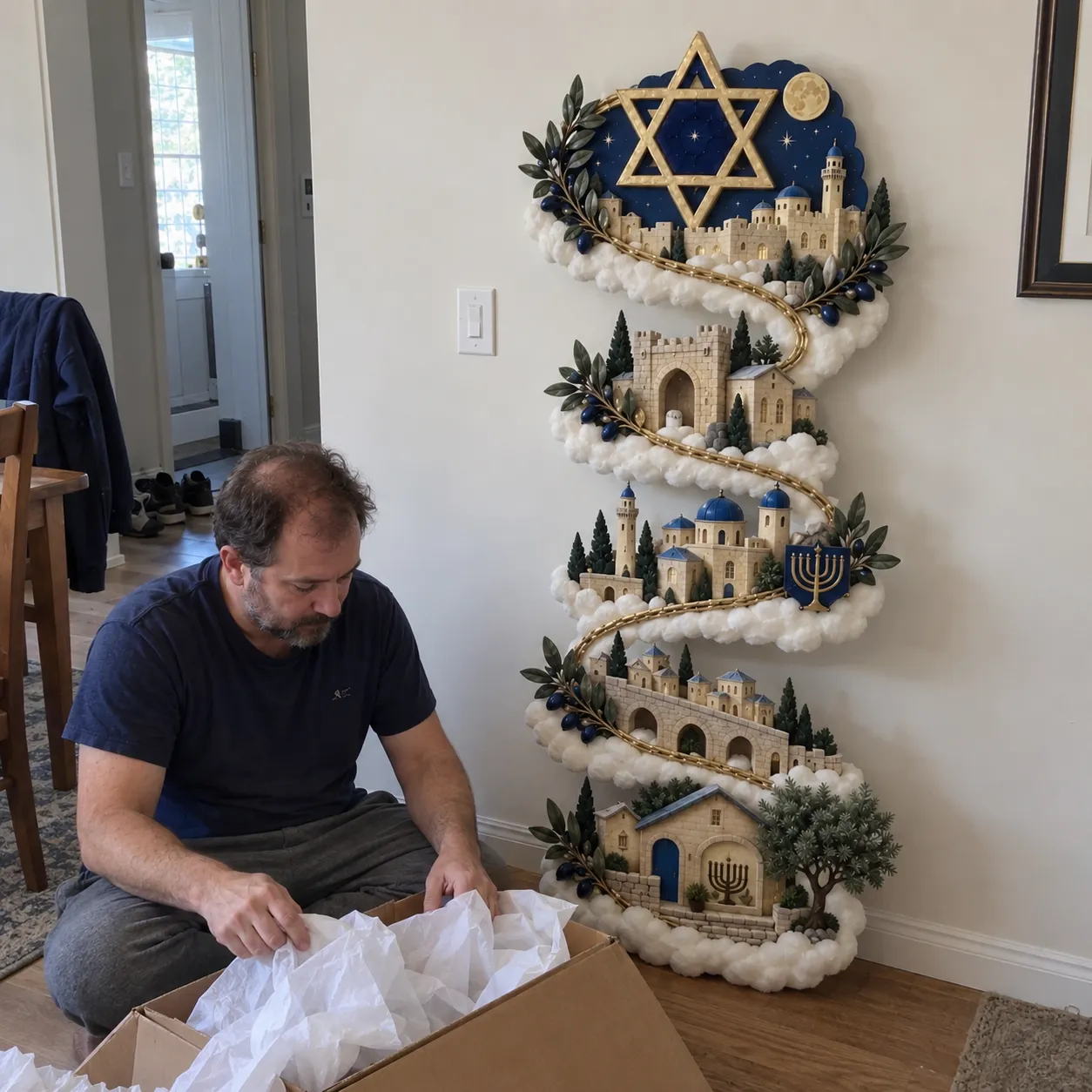 AI-generated unboxing scene with Jerusalem Lights shown with the lights off in daylight