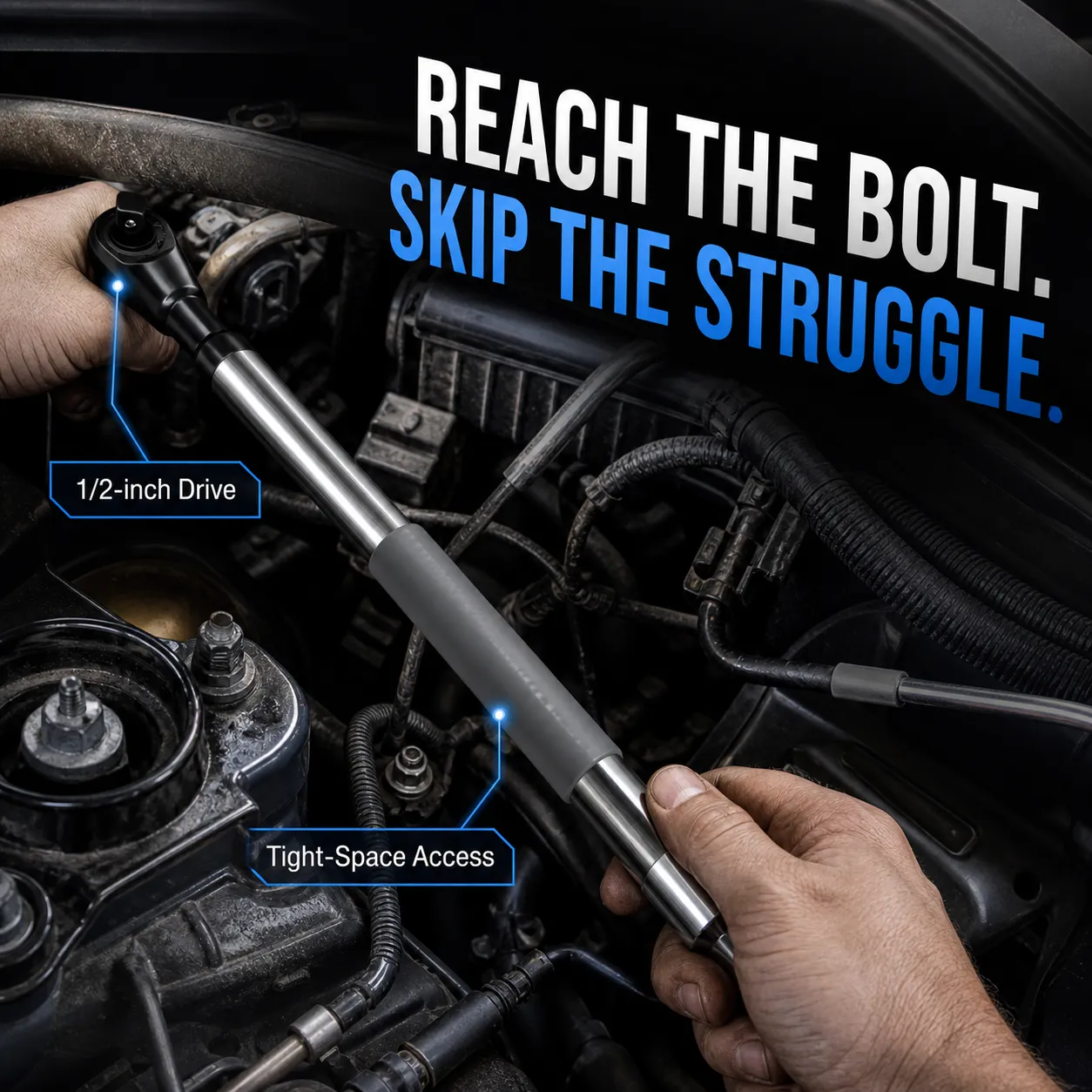 Mechanic using a 1/2-inch offset ratchet extension in a tight engine bay