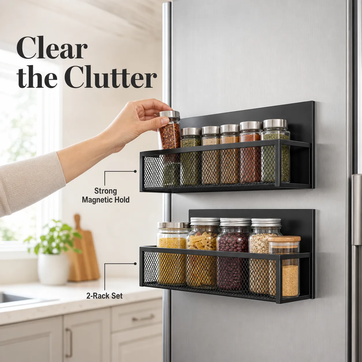 Two large black magnetic racks organizing spices beside a refrigerator