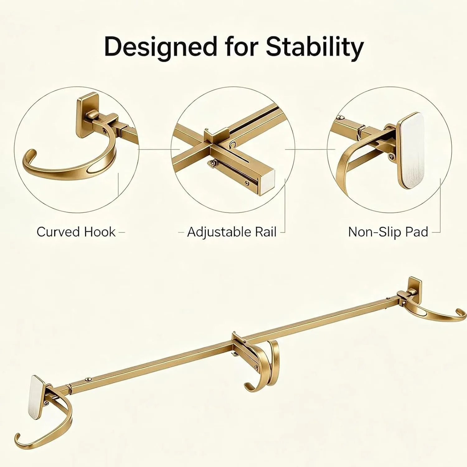 Close-up details of the curved hooks, adjustable rail, and non-slip end pad