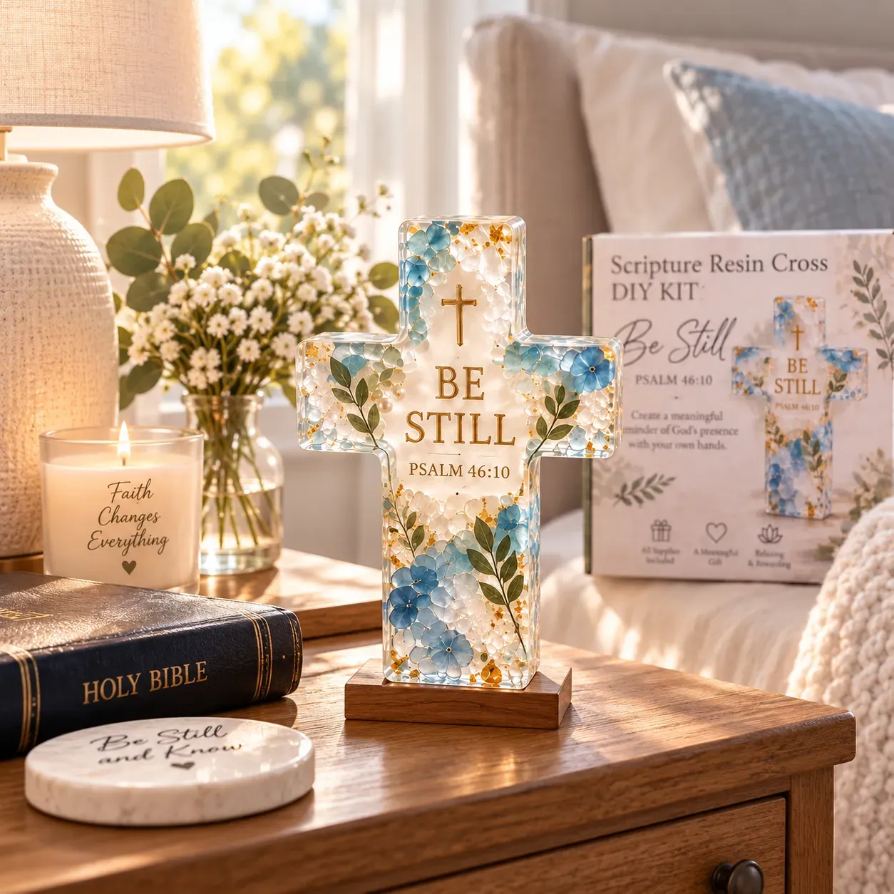 Finished transparent floral resin cross displayed on a wooden table beside a Bible and Scripture kit box