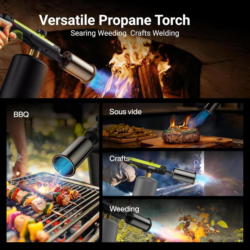 Collage of torch uses: BBQ, sous vide, crafts, weeding