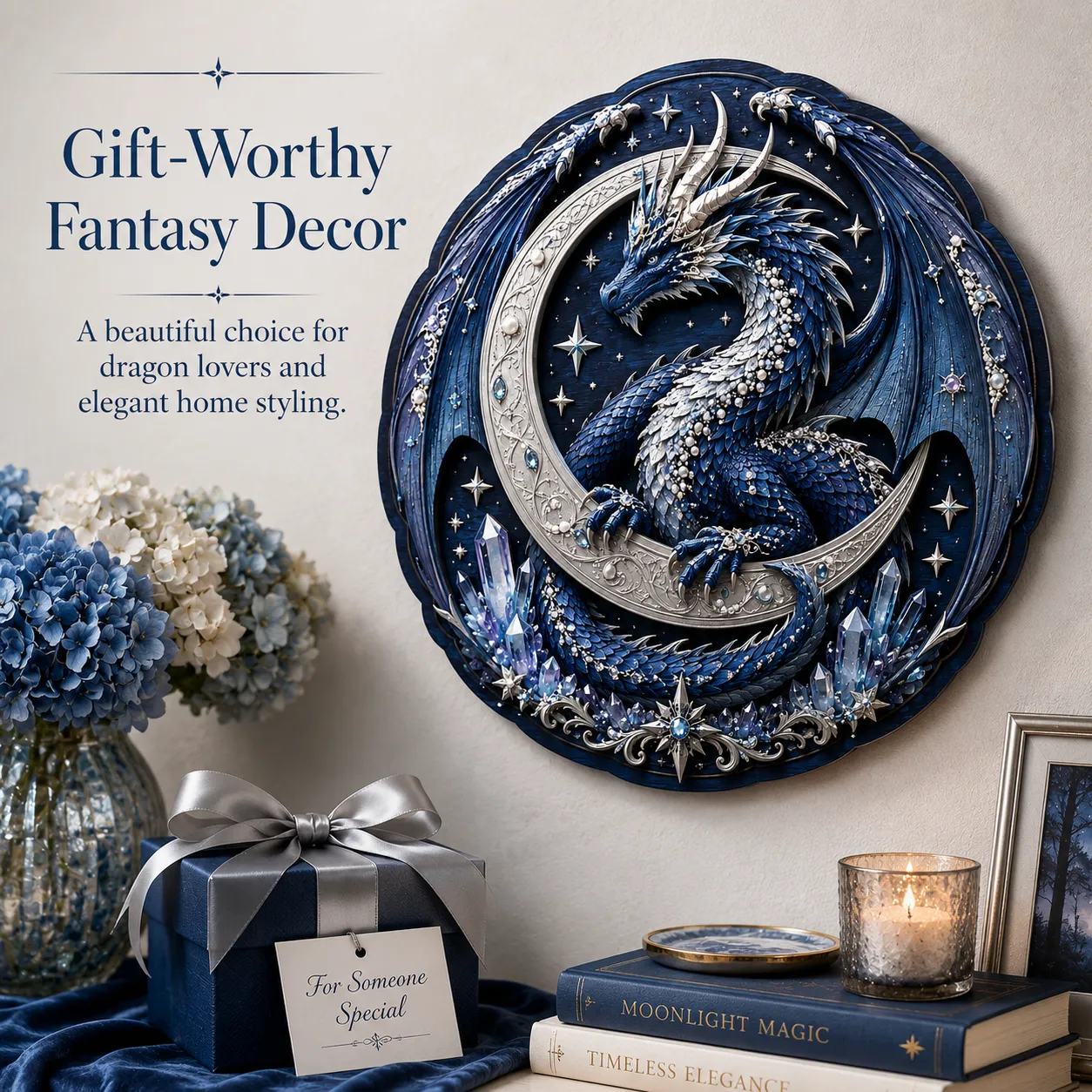 Afgewerkte Moon Guardian Dragon fantasy wanddecoratie