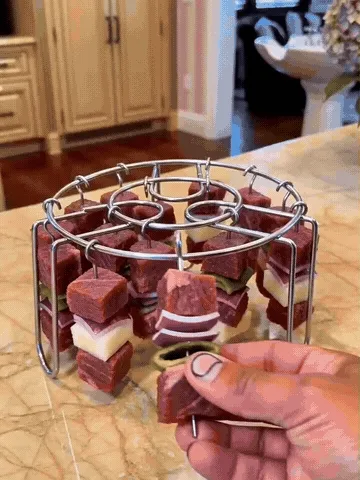 Hanging skewer rack loaded and placed into an air fryer
