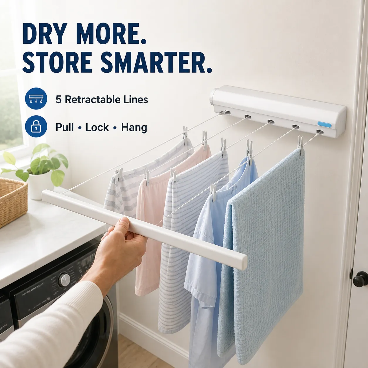 Five-line retractable clothesline in a bright laundry room