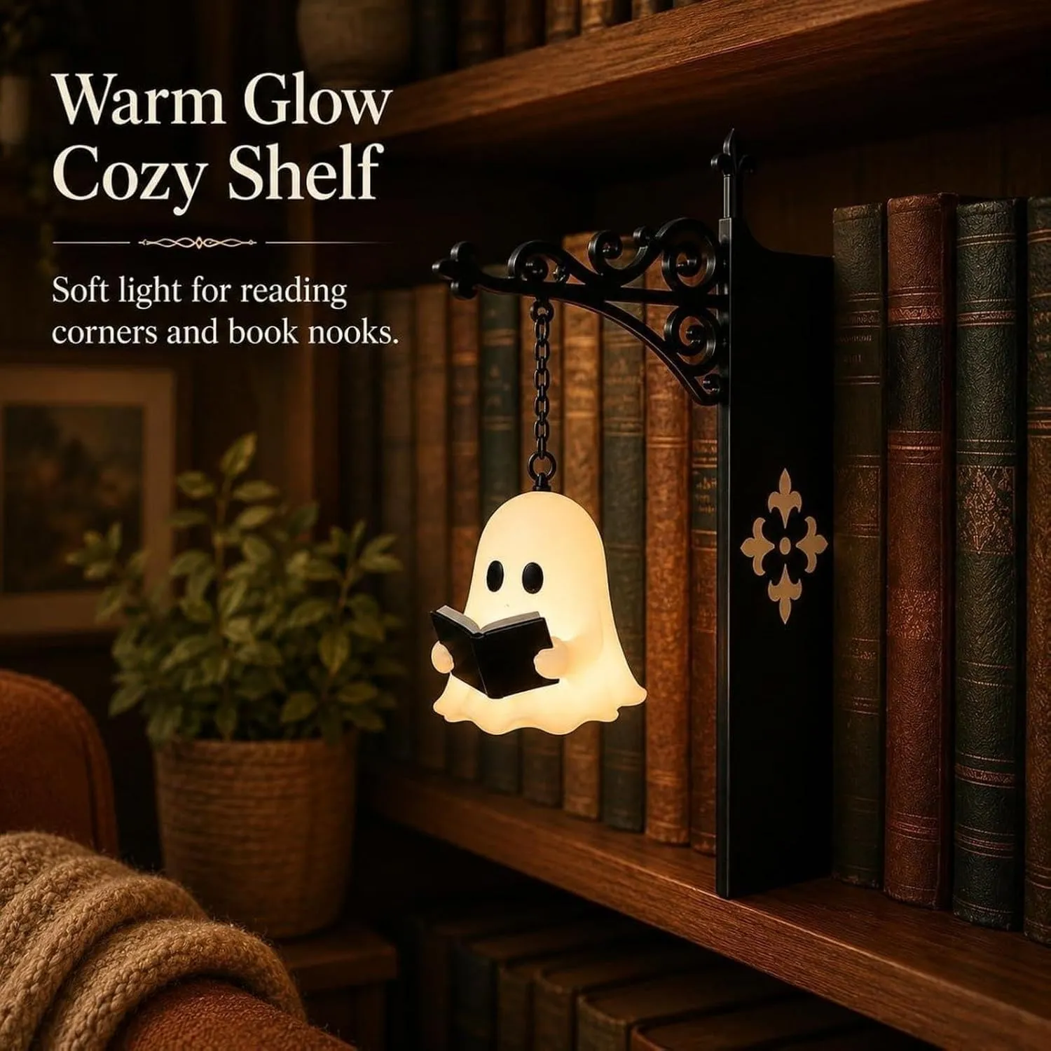 Reading Ghost glowing softly while holding a book