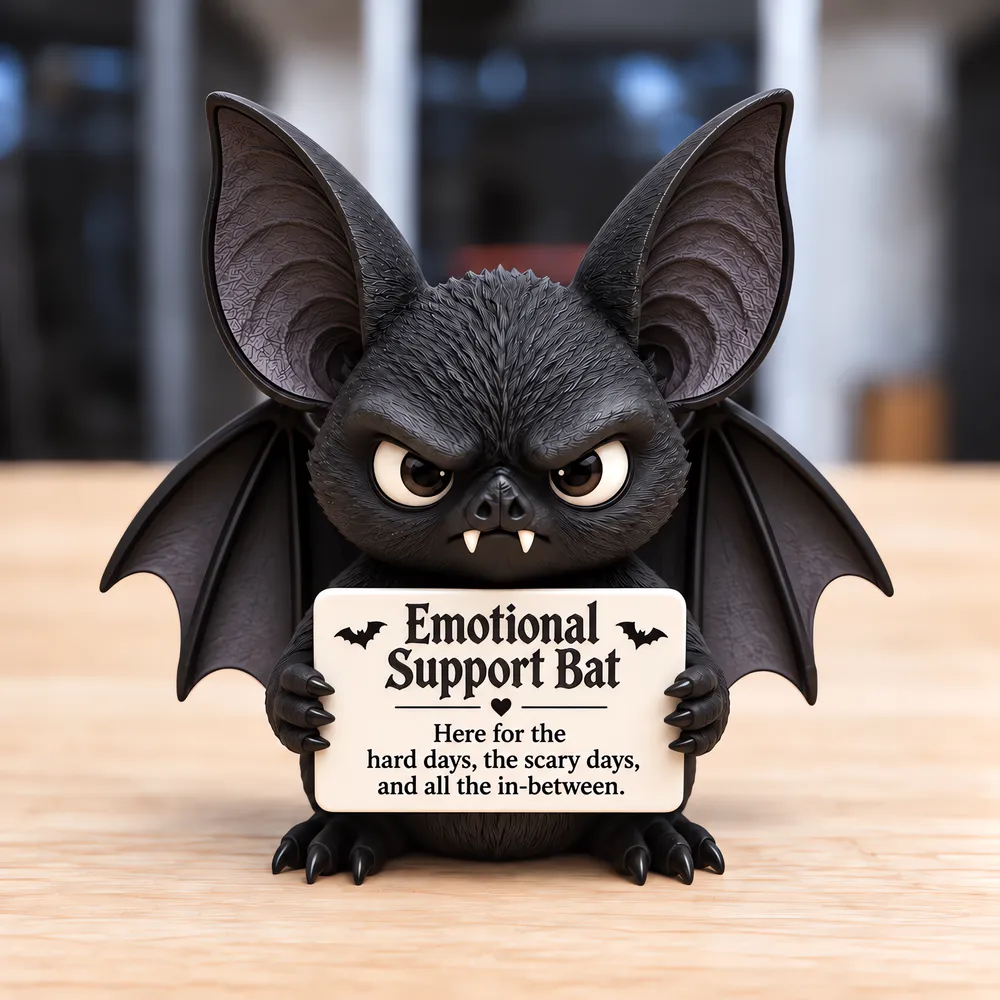 Grumpy Emotional Support Bat figure holding a sign of encouragement